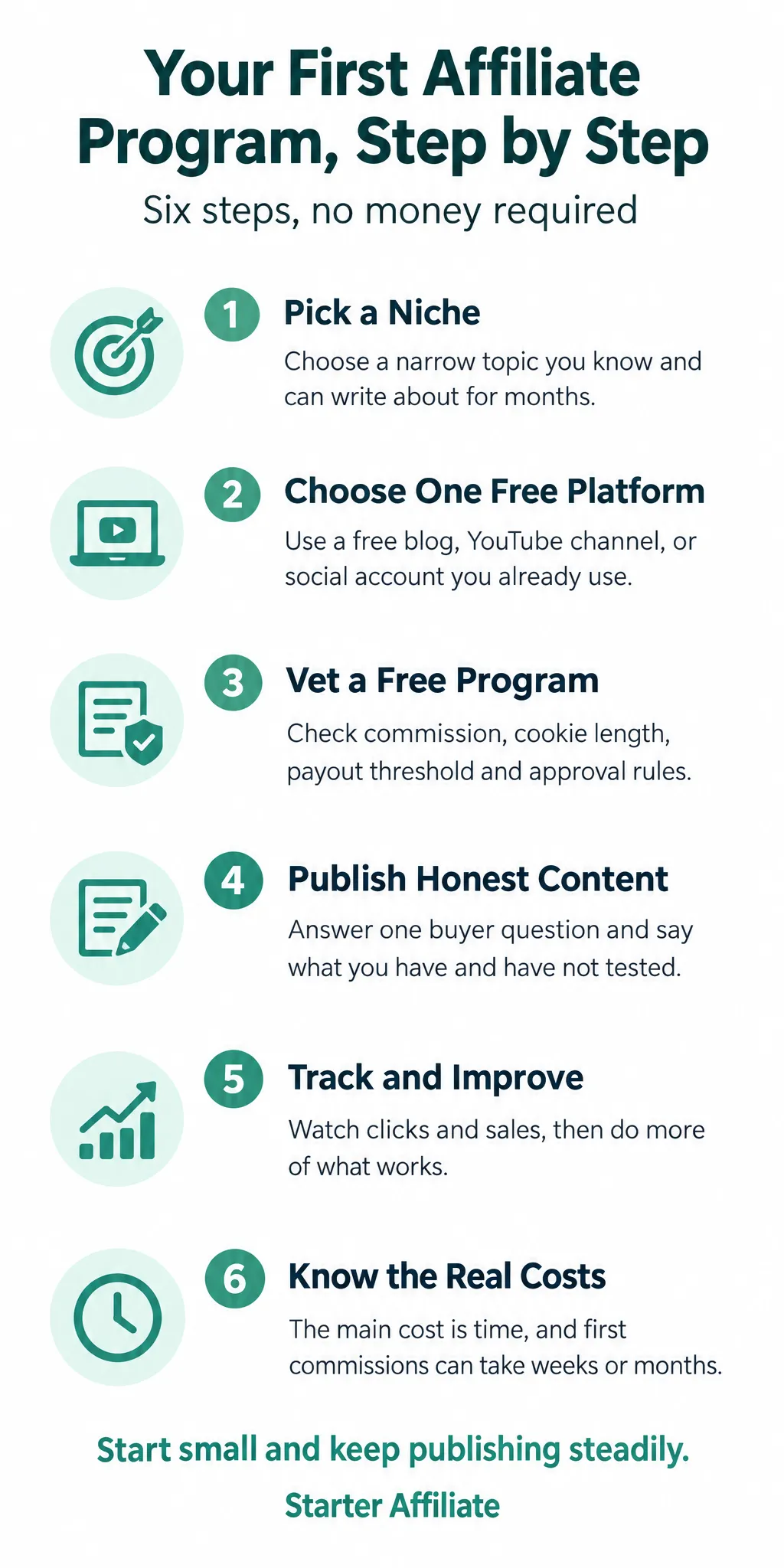 How to Start Affiliate Marketing with No Money: 6 Steps to Your First Program: infographic